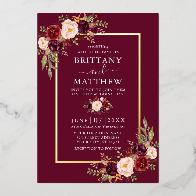 Wedding Watercolor Burgundy Floral Gold Folieneinladung (Vorderseite)