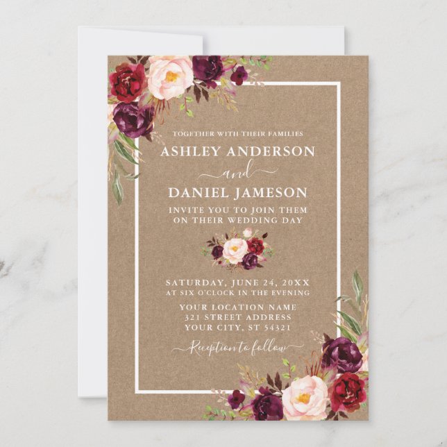 Wedding Watercolor Burgundy Floral Kraft Einladung