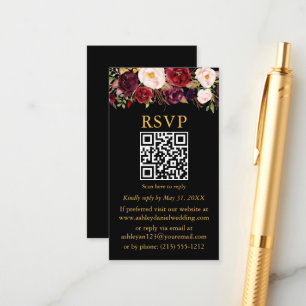 Wedding Watercolor Burgundy Floral QR UAWG Black Begleitkarte
