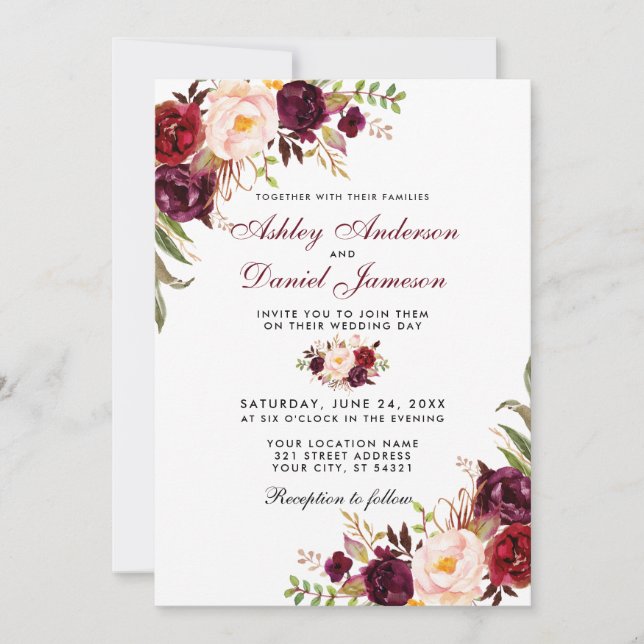 Wedding Watercolor Burgundy Floral W Einladung (Vorderseite)