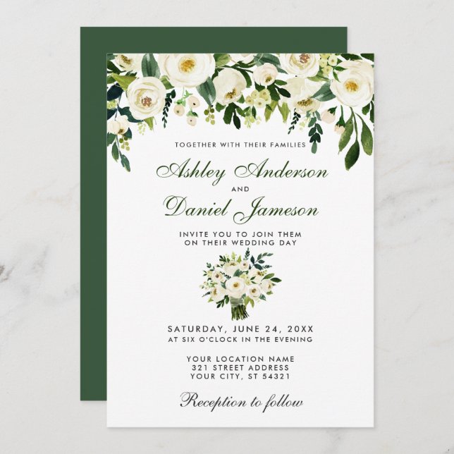 Wedding Watercolor Floral Green White Invite G Einladung (Vorne/Hinten)