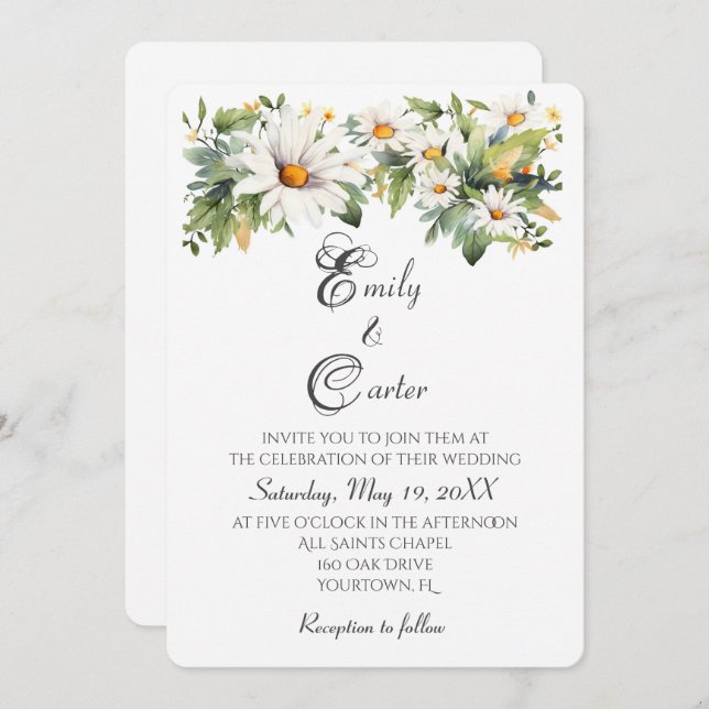Wedding Watercolor White Daisies Einladung (Vorne/Hinten)