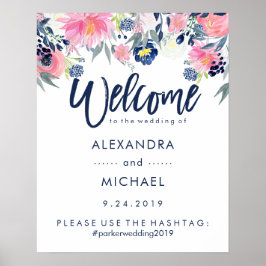 Wedding Welcome Hashtag | Blüten und Navy Poster