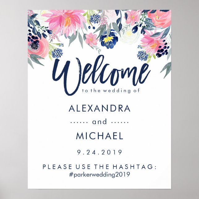 Wedding Welcome Hashtag | Blüten und Navy Poster (Vorne)
