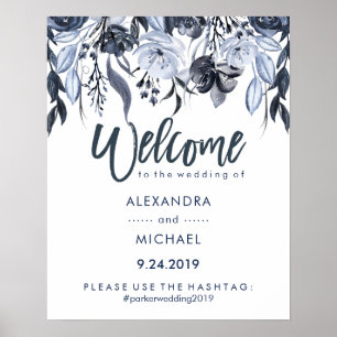 Wedding Welcome Hashtag Dunkle blaue Flora Poster