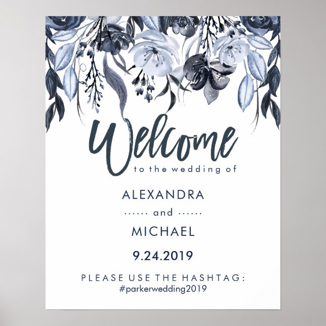 Wedding Welcome Hashtag | Dunkle blaue Flora Poster (Vorne)