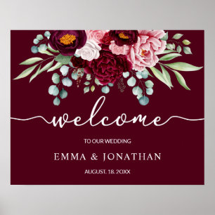 Wedding Welcome Sign Burgundy Marsala Floral Poster