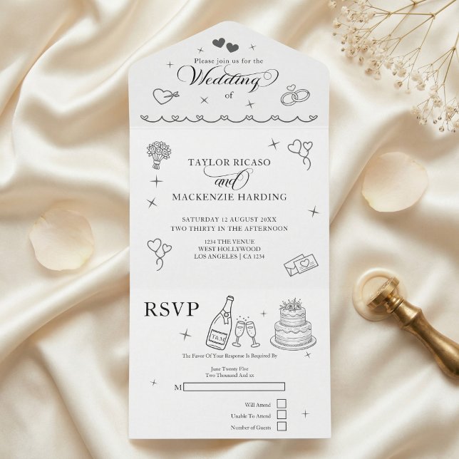 Wedding Whimsical Doodles Grey and White All In One Einladung (Wedding Whimsical Doodles Grey and White All In One Invitation by Ricaso. Modern chic invite, rsvp)