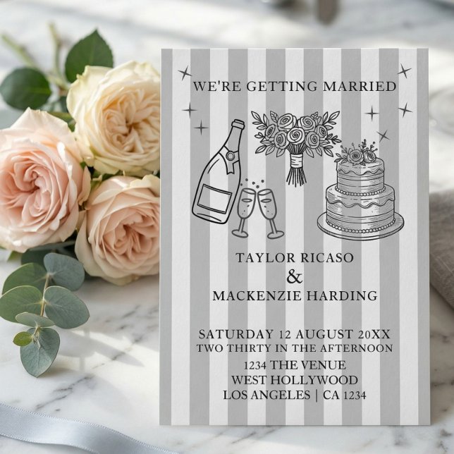 Wedding Whimsical Doodles Grey and White Einladung (Wedding Whimsical Doodles Invitation
by Ricaso. features wedding cake, bouquet and flutes)