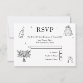 Wedding Whimsical Doodles Grey and White RSVP Karte
