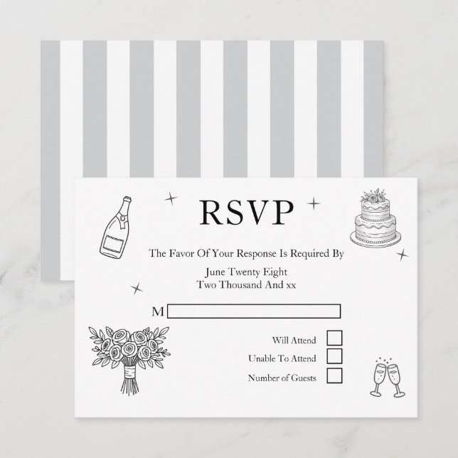 Wedding Whimsical Doodles Grey and White RSVP Karte (Vorne/Hinten)