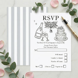 Wedding Whimsical Doodles Grey and White RSVP Karte