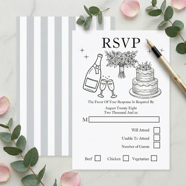 Wedding Whimsical Doodles Grey and White RSVP Karte (Wedding Whimsical Doodles Grey and White RSVP Card
by Ricaso. a fun, modern response card for guests)
