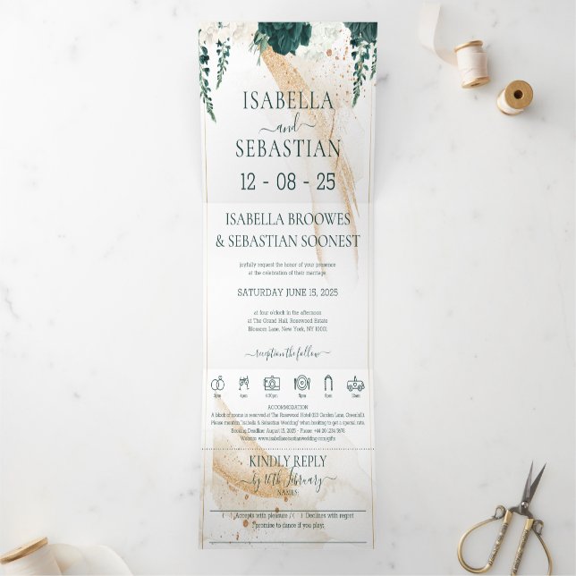 Wedding White All in one Emerald Green Rose Floral Dreifach Gefaltete Einladung (Innenseite)