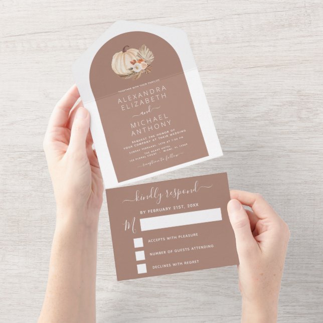 Wedding White Pumpkins Boho Terracotta All In One Einladung (Abreißen)