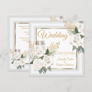 Wedding White Rose Floral Champagne Gold Einladung