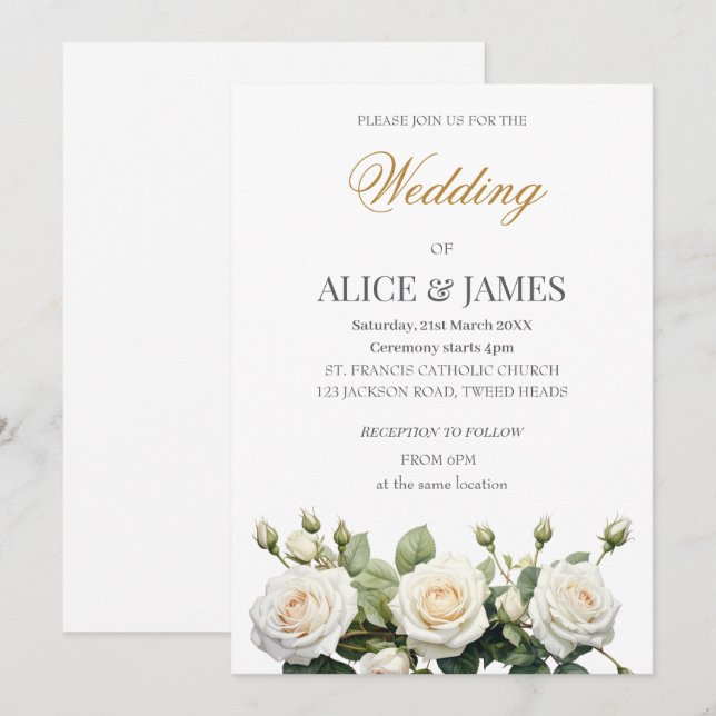Wedding White Roses Einladung (Vorne/Hinten)