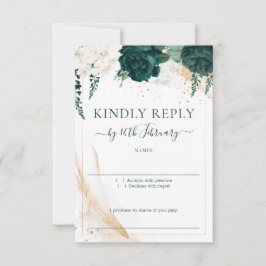 Wedding White Signature Emerald Green Rose RSVP Karte