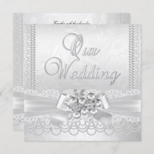 Wedding White Silver Pearl Lace Damask Diamond Einladung