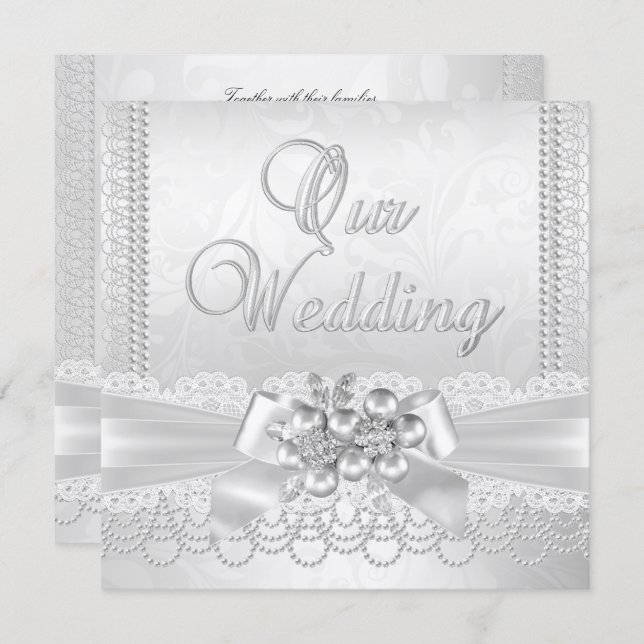 Wedding White Silver Pearl Lace Damask Diamond Einladung (Vorne/Hinten)