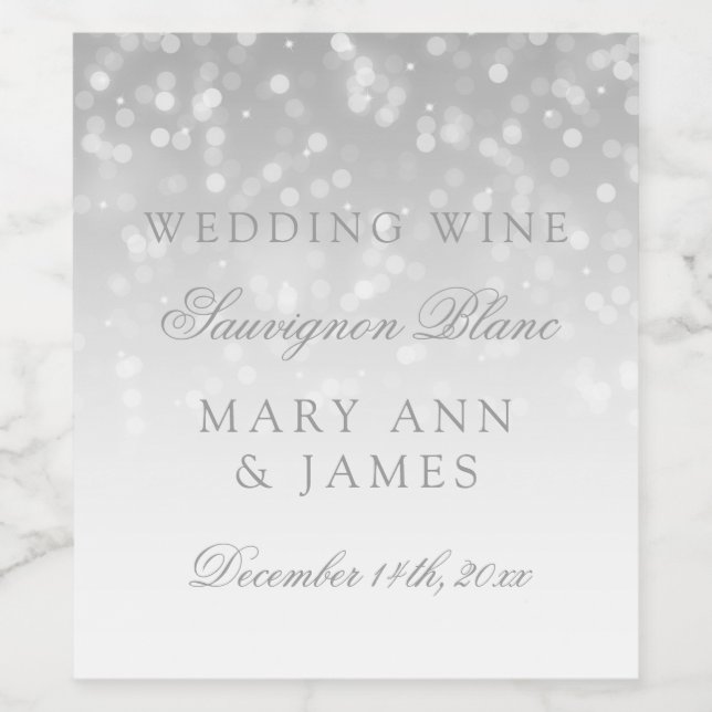 Wedding Wine Label Silver Bokeh Sparkle Lights Weinetikett (Einzelnes Label)