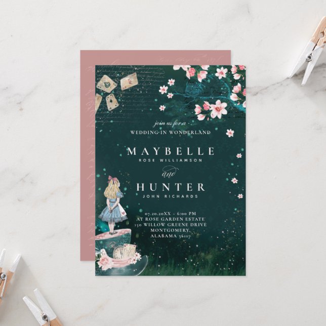Wedding Wonderland Vintage Alice im Wunderland Einladung (Vorderseite/Rückseite Beispiel)