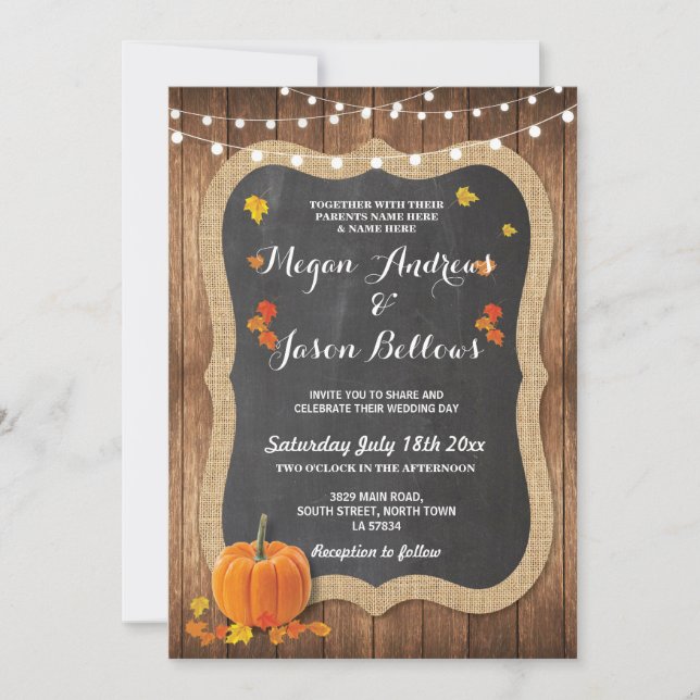 Wedding Wood Rustic Pumpkin Fall Chalk Einladung (Vorderseite)