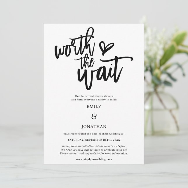 Wedding Worth the Wait Black Script weiß Save The Date (Stehend Vorderseite)