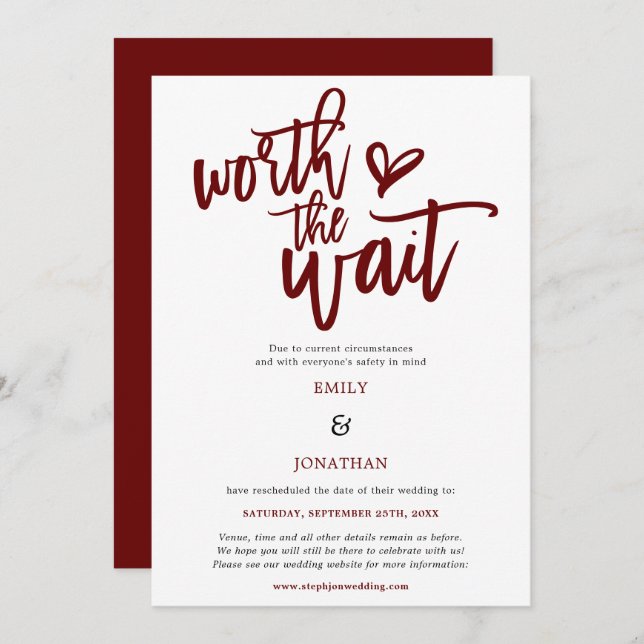 Wedding Worth the Wait Script Burgundy Save The Date (Vorne/Hinten)