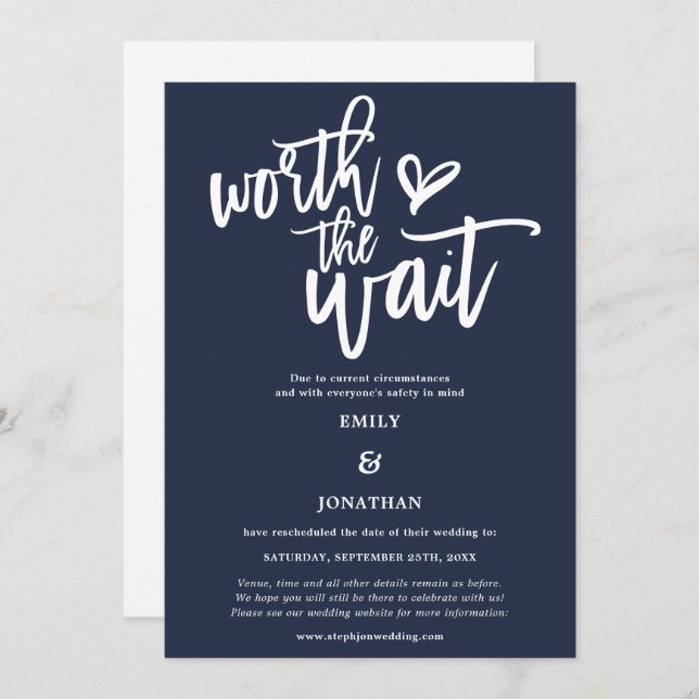 Wedding Worth the Wait Script Navy White Save The Date (Vorne/Hinten)