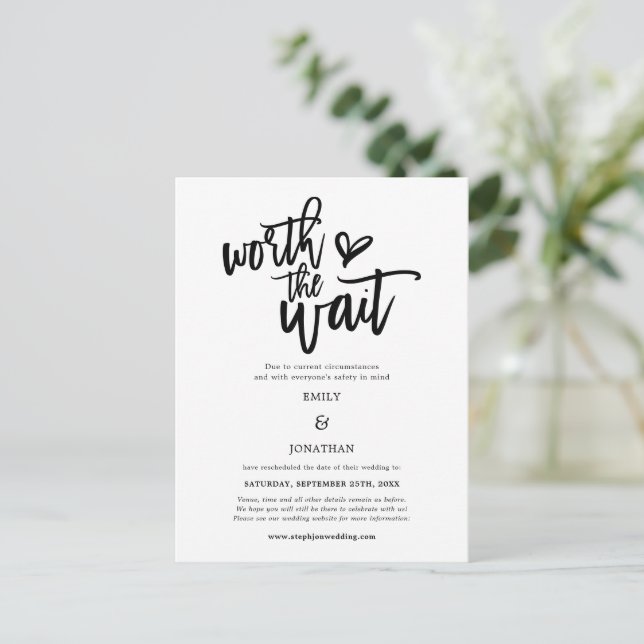 Wedding Worth the Wait Script Save the Date Ankündigungspostkarte (Stehend Vorderseite)