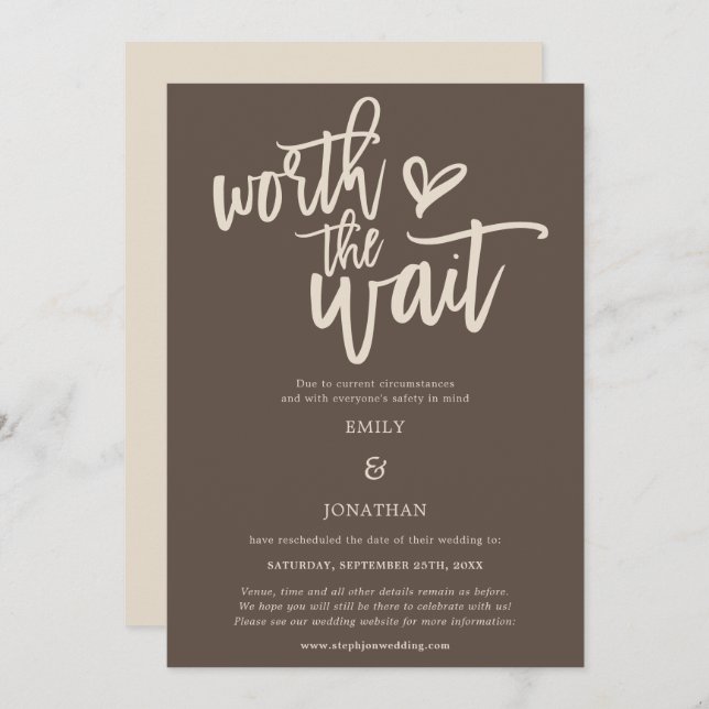 Wedding Worth Warte Script Brown Cream Save The Date (Vorne/Hinten)