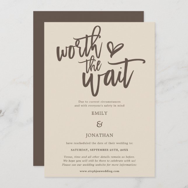 Wedding Worthe Wait Script Cream Brown Save The Date (Vorne/Hinten)