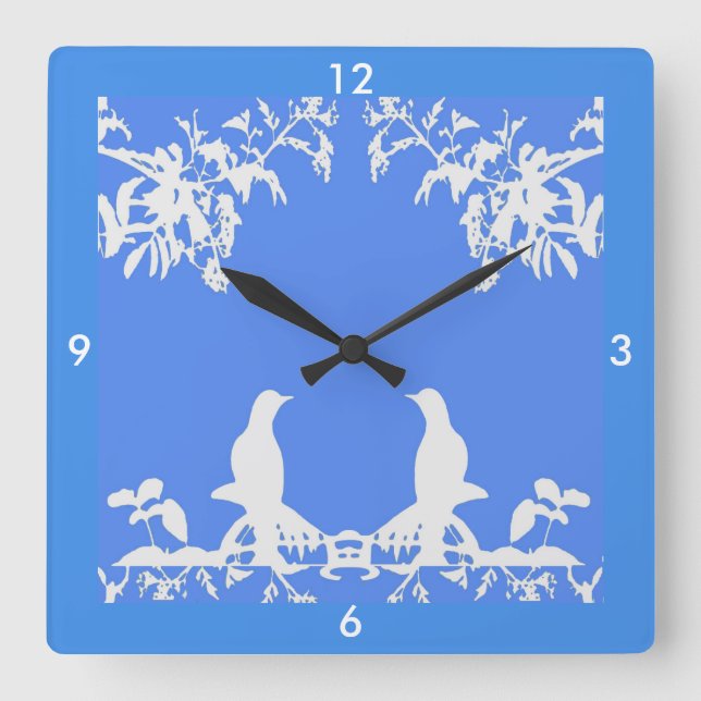 Wedgewood Clock - White Birds on Blue 4 Zuhause Quadratische Wanduhr (Vorderseite)