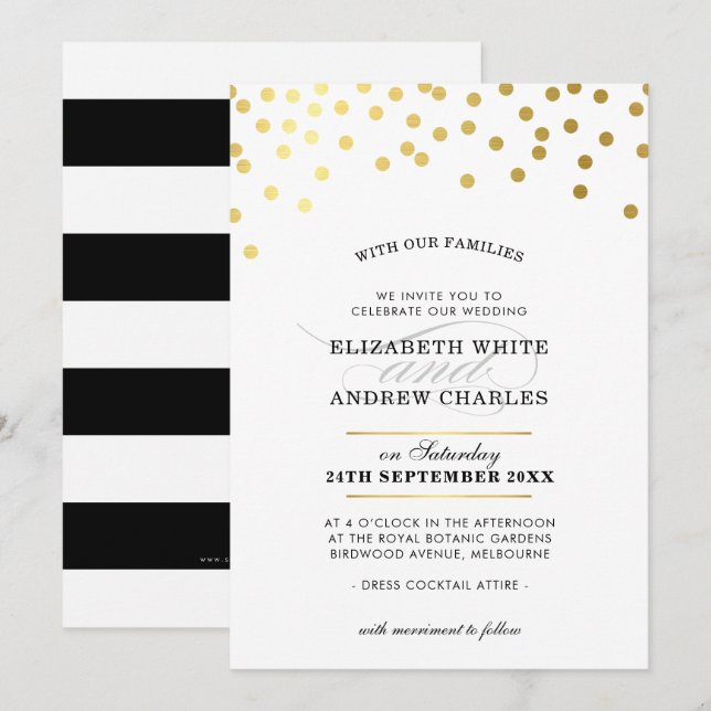 WEDING INVITE schicke moderne Goldfass-Flecken Einladung (Vorne/Hinten)