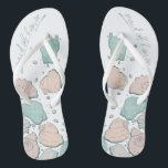 WEDING SHOES | Modern Seashells Coral aquamarin Flip Flops<br><div class="desc">Niedliche Korallen und aquamarine Muscheln. Handgeschriebene Kalligraphie, die Trauzeugin sagt - perfekt für die Trauzeugin, am Strand zu tragen, für die Hochzeitszeremonie ihrer Bestie. Design erstellt für TheBarefootBride™ durch © WhimsicalArtwork™. Das ist Teil einer Sammlung von Hochzeitsartikeln mit passendem Hochzeitszubehör, Babydusche und anderen Veranstaltungsartikeln. Kontaktieren Sie uns, wenn Sie Hilfe...</div>