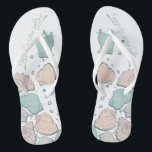WEDING SHOES | Modern Seashells Coral und Aquamari Flip Flops<br><div class="desc">Eine lustige Koralle und aquamarines Muscheldesign. Handgeschriebene Kalligraphie, die Happily Ever After sagt - perfekt für Braut und Bräutigam am Strand für ihre Hochzeitsfeier am Strand. Design erstellt für TheBarefootBride™ durch © WhimsicalArtwork™. Das ist Teil einer Sammlung von Hochzeitsartikeln mit passendem Hochzeitszubehör, Babydusche und anderen Veranstaltungsartikeln. Kontaktieren Sie uns, wenn...</div>
