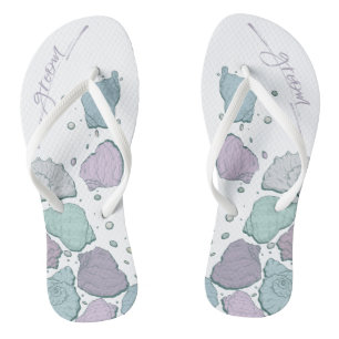 WEDING SHOES   Modern Seashells Dusty Blue Lilac Flip Flops