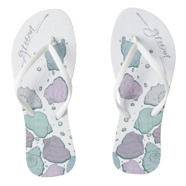 WEDING SHOES | Modern Seashells Dusty Blue Lilac Flip Flops (Fußbett)