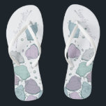 WEDING SHOES | Modern Seashells Dusty Blue Lilac Flip Flops<br><div class="desc">Ein lustiges dusty blue und plum lilac seashell design. Handgeschriebene Kalligraphie, die Happily Ever After sagt - perfekt für Braut und Bräutigam am Strand für ihre Hochzeitsfeier am Strand. Design erstellt für TheBarefootBride™ durch © WhimsicalArtwork™. Das ist Teil einer Sammlung von Hochzeitsartikeln mit passendem Hochzeitszubehör, Babydusche und anderen Veranstaltungsartikeln. Kontaktieren...</div>