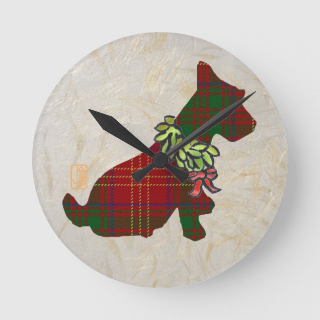 Wee Scottie Dog Merry Ruff! Ruff! Runde Wanduhr (Vorderseite)
