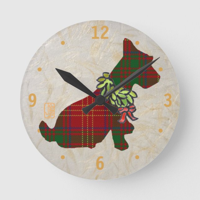 Wee Scottie Dog Merry Ruff! Ruff!w/#&dots Runde Wanduhr (Vorderseite)