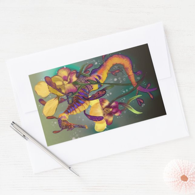 Weedy Seadragon mit Orchids Rechteckiger Aufkleber (Umschlag)