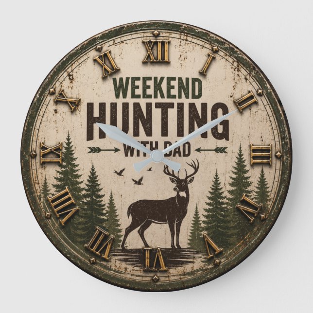 Weekend Hunting with Dad Rustic Deer Hunting Große Wanduhr (Vorderseite)