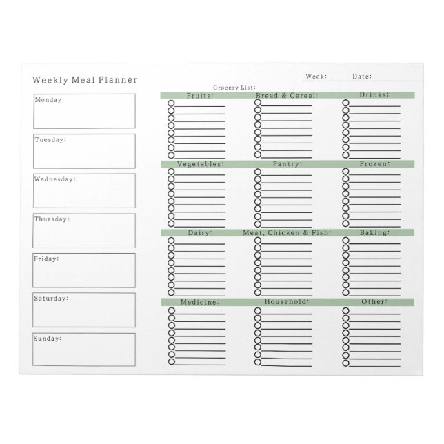 Weekly Meal Planner Grocery Shopping List Notizblock (Vorderseite)