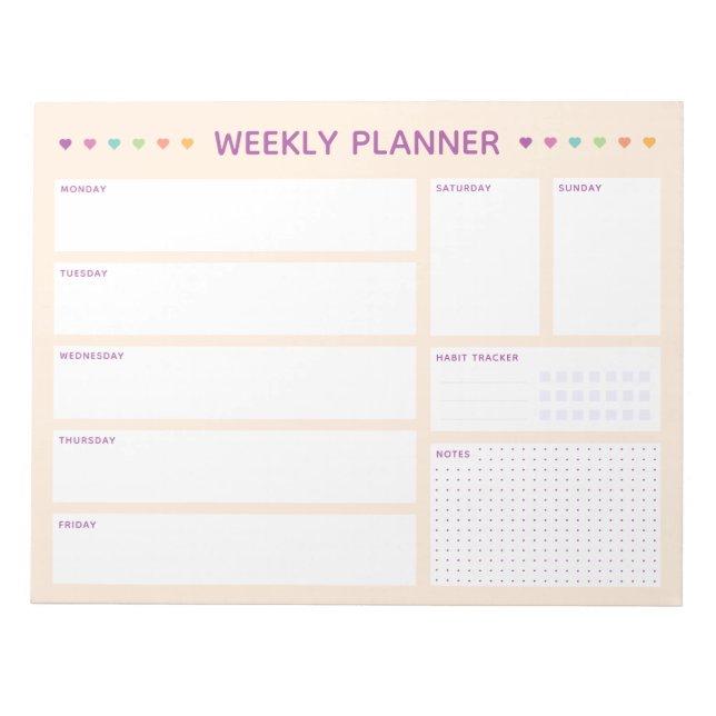 Weekly Planner Colorful Hearts Purple Text Notizblock (Vorderseite)