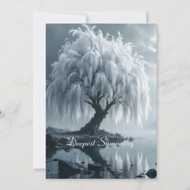 Weeping willow by a pond, black and white card (Vorderseite)