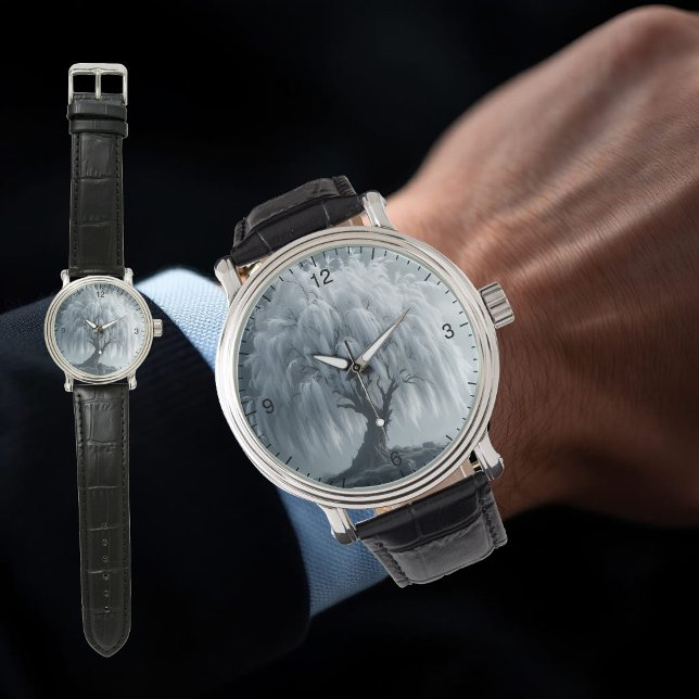 Weeping willow by a pond, black and white, custom  armbanduhr (Von Creator hochgeladen)