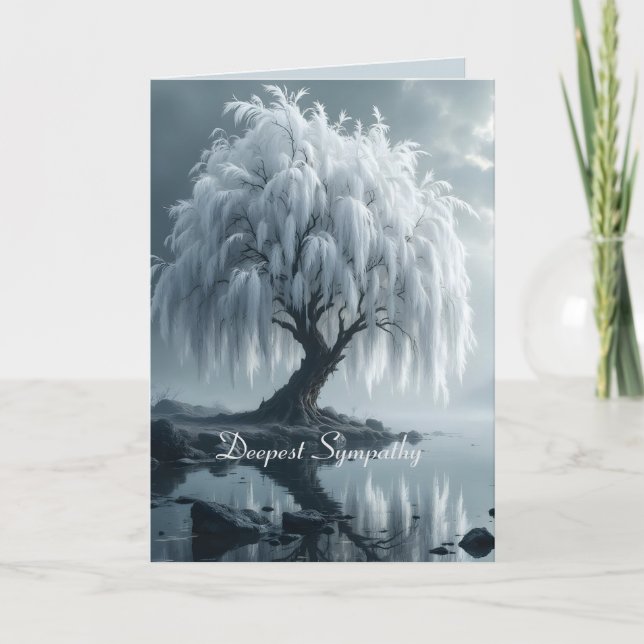 Weeping willow by a pond, black and white karte (Vorderseite)