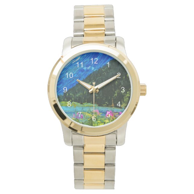 Weg nach Seward Alaska Abstrakter Impressionismus Armbanduhr (Vorderseite)